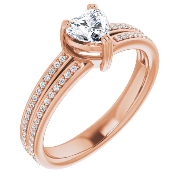 10K Rose Gold Customizable Heart Cut Center with 100-stone* "Waterfall" Pavé Split Band