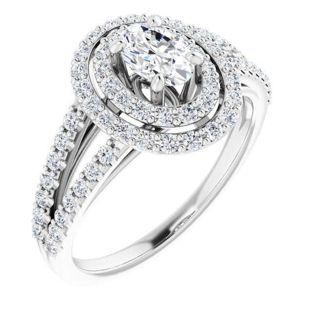 10K White Gold Customizable Oval Cut Design with Double Halo and Wide Split-Pavé Band