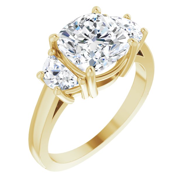 10K Yellow Gold Customizable 3-stone Design with Cushion Cut Center and Half-moon Side Stones