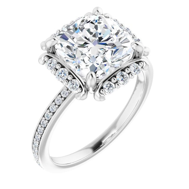 10K White Gold Customizable Cushion Cut Style with Halo and Thin Shared Prong Band