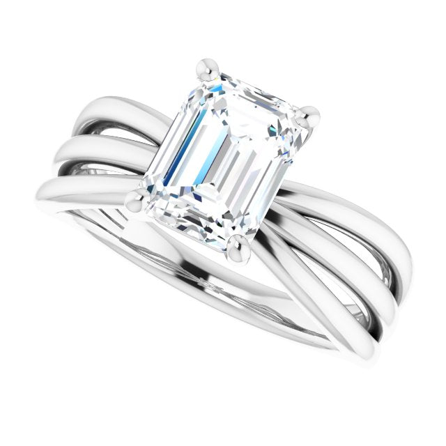 Cubic Zirconia Engagement Ring- The Maha (Customizable Emerald Cut Solitaire Design with Wide, Ribboned Split-band)