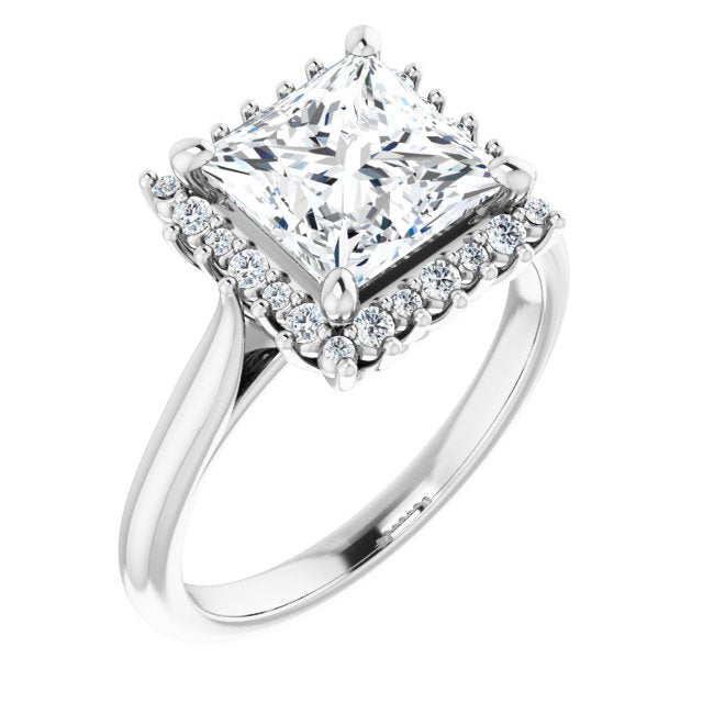 Cubic Zirconia Engagement Ring- The Honoka (Customizable Crown-Cathedral Princess/Square Cut Design with Clustered Large-Accent Halo & Ultra-thin Band)