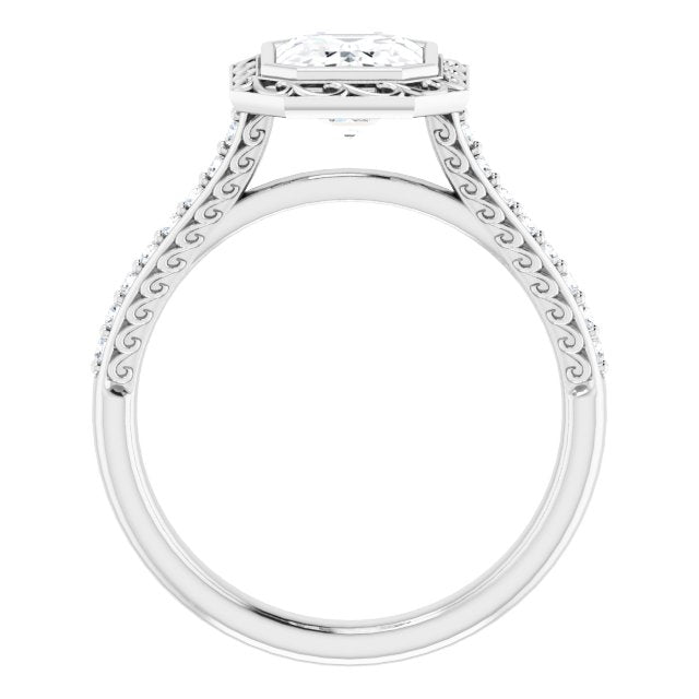 Cubic Zirconia Engagement Ring- The Itzayana (Customizable Cathedral-Bezel Emerald Cut Design featuring Accented Band with Filigree Inlay)