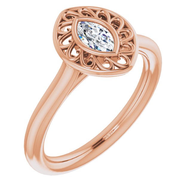 10K Rose Gold Customizable Cathedral-Bezel Style Marquise Cut Solitaire with Flowery Filigree