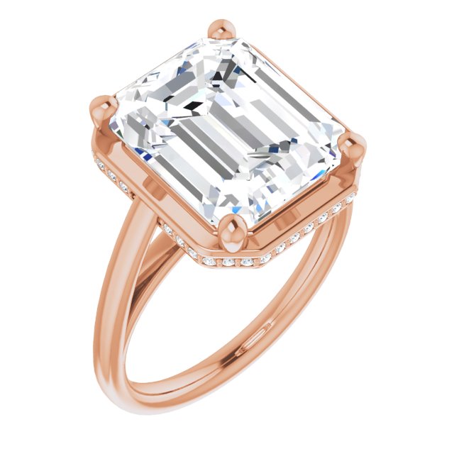 10K Rose Gold Customizable Super-Cathedral Emerald/Radiant Cut Design with Hidden-stone Under-halo Trellis