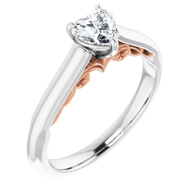 14K White & Rose Gold Customizable Heart Cut Cathedral Solitaire with Two-Tone Option Decorative Trellis 'Down Under'