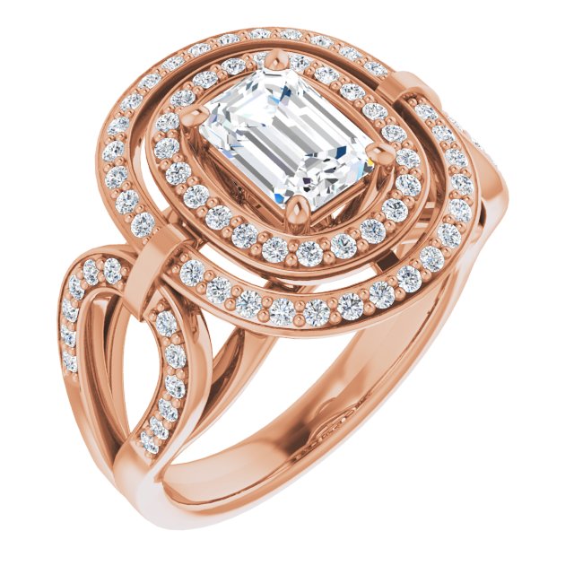 10K Rose Gold Customizable Cathedral-set Emerald/Radiant Cut Design with Double Halo & Accented Ultra-wide Horseshoe-inspired Split Band