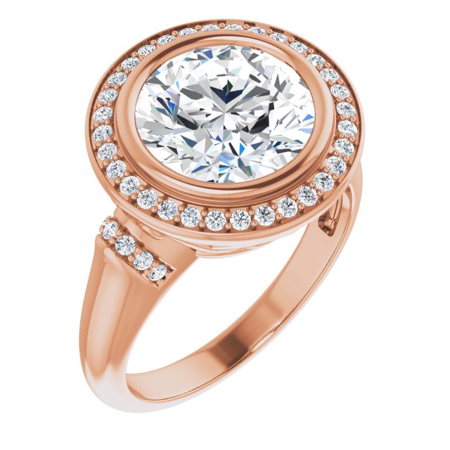 10K Rose Gold Customizable Bezel-set Round Cut Design with Halo and Vertical Round Channel Accents