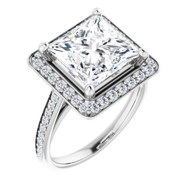 10K White Gold Customizable Cathedral-raised Princess/Square Cut Halo-and-Accented Band Design