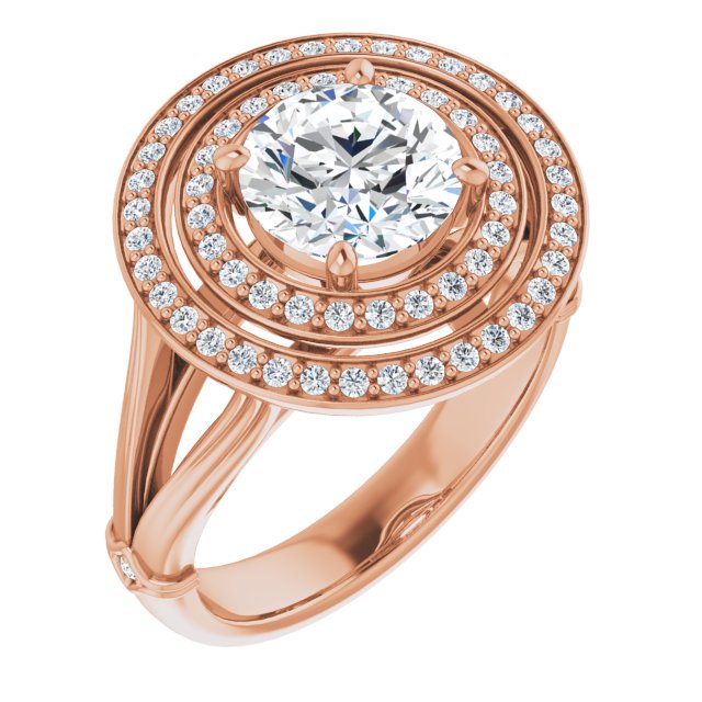 10K Rose Gold Customizable Cathedral-set Round Cut Design with Double Halo, Wide Split Band and Side Knuckle Accents