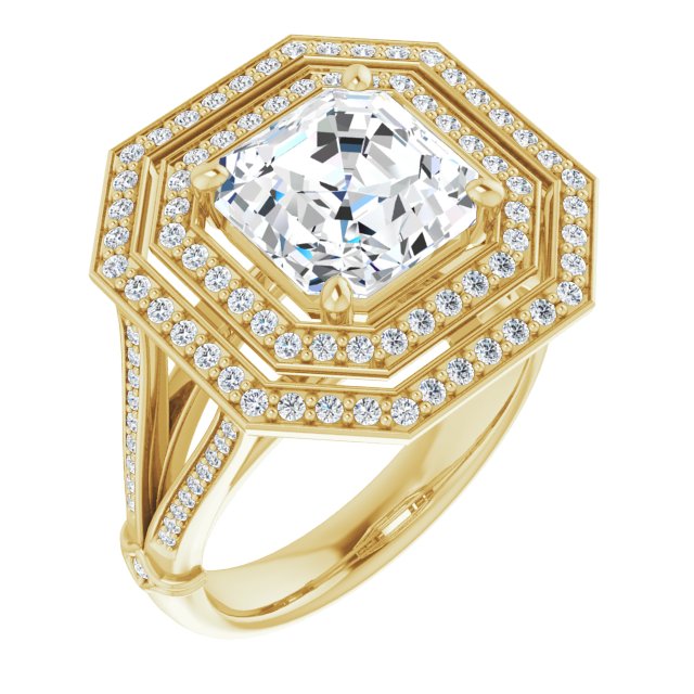 10K Yellow Gold Customizable Cathedral-set Asscher Cut Design with Double Halo, Wide Split-Shared Prong Band and Side Knuckle Accents