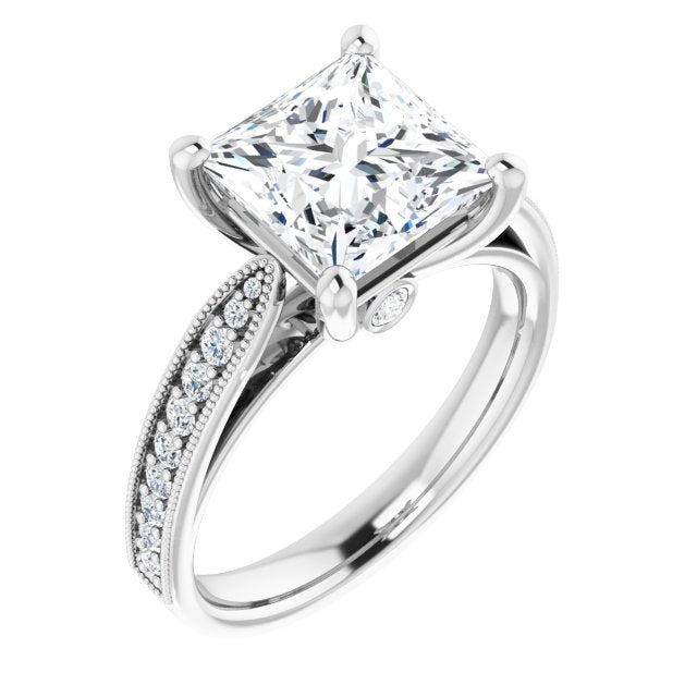 10K White Gold Customizable Princess/Square Cut Style featuring Milgrained Shared Prong Band & Dual Peekaboos
