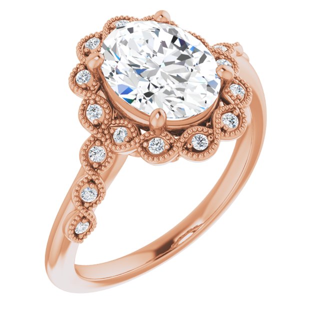 10K Rose Gold Customizable 3-stone Design with Oval Cut Center and Halo Enhancement