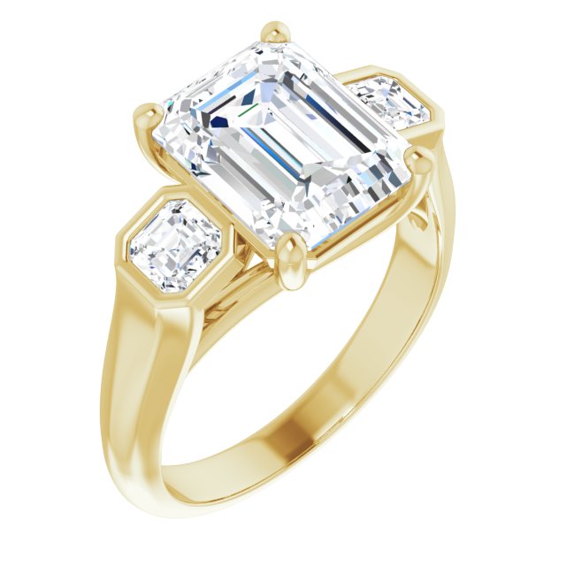 10K Yellow Gold Customizable 3-stone Cathedral Emerald/Radiant Cut Design with Twin Asscher Cut Side Stones
