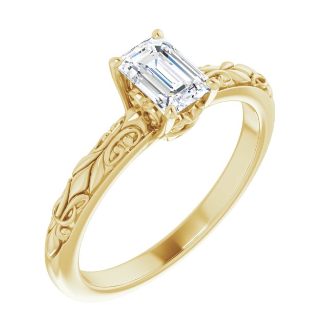 10K Yellow Gold Customizable Emerald/Radiant Cut Solitaire featuring Delicate Metal Scrollwork
