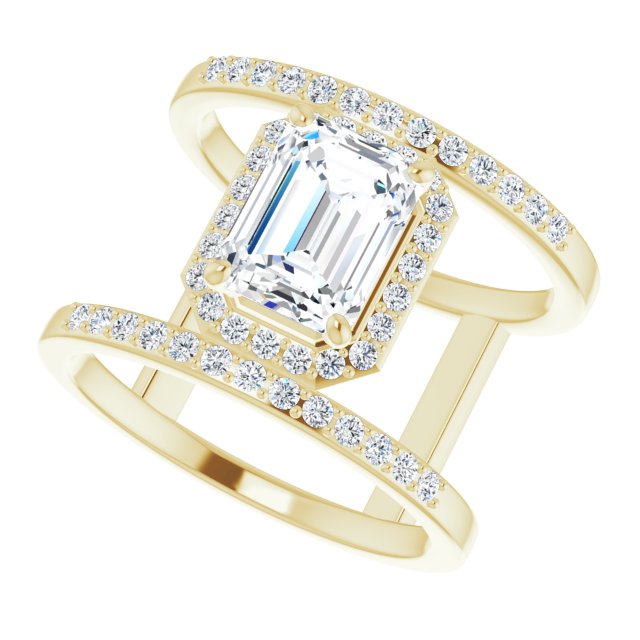 Cubic Zirconia Engagement Ring- The Jersey (Customizable Emerald Cut Halo Design with Open, Ultrawide Harness Double Pavé Band)