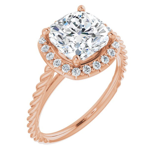 10K Rose Gold Customizable Cathedral-set Cushion Cut Design with Halo and Twisty Rope Band