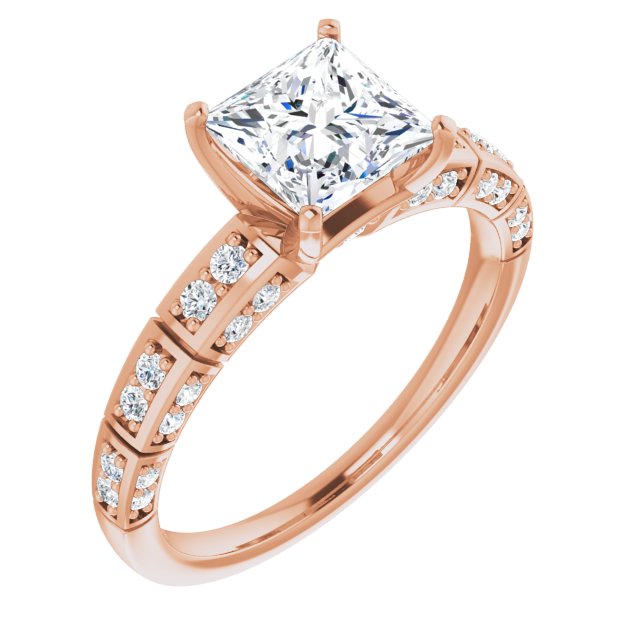 14K Rose Gold Customizable Princess/Square Cut Style with Three-sided, Segmented Shared Prong Band