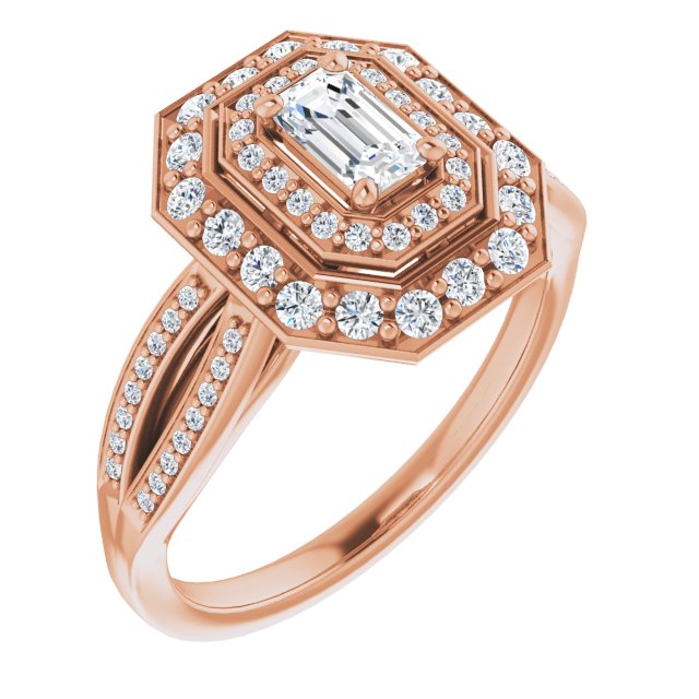 10K Rose Gold Customizable Cathedral-style Emerald/Radiant Cut Design with Double Halo & Split-Pavé Band