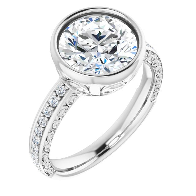 14K White Gold Customizable Bezel-set Round Cut Design with Cloud-pattern Band & Semi-Eternity Accents