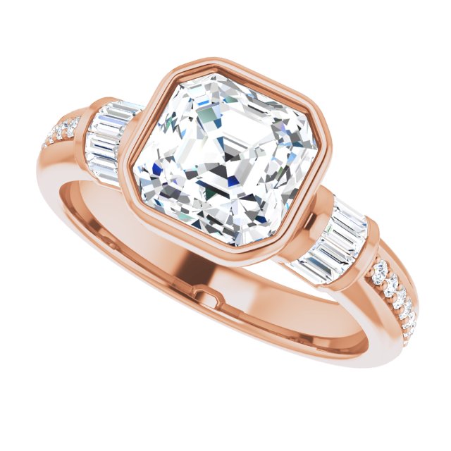 Cubic Zirconia Engagement Ring- The Danna (Customizable Cathedral-Bezel Asscher Cut Style with Horizontal Baguettes & Shared Prong Band)
