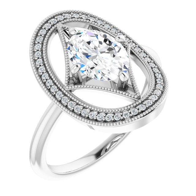 Cubic Zirconia Engagement Ring- The Mireya (Customizable Kite-Rhombus Oval Cut Design with Beaded Milgrain & Halo Accents)
