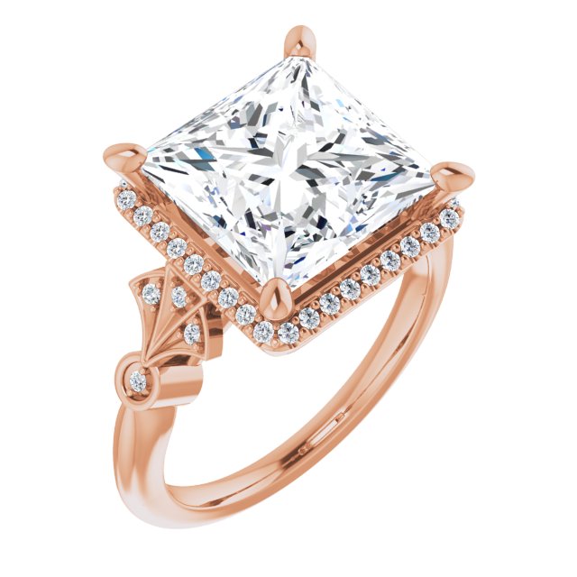 10K Rose Gold Customizable Cathedral-Crown Princess/Square Cut Design with Halo and Scalloped Side Stones