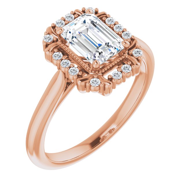 10K Rose Gold Customizable Emerald/Radiant Cut Design with Majestic Crown Halo and Raised Illusion Setting