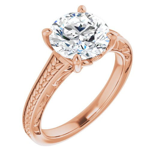 10K Rose Gold Customizable Round Cut Solitaire with Organic Textured Band and Decorative Prong Basket