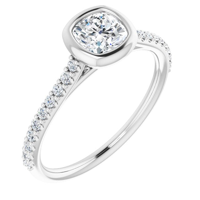 10K White Gold Customizable Bezel-set Cushion Cut Style with Ultra-thin Pavé-Accented Band