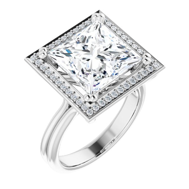 10K White Gold Customizable Princess/Square Cut Style with Scooped Halo and Grooved Band