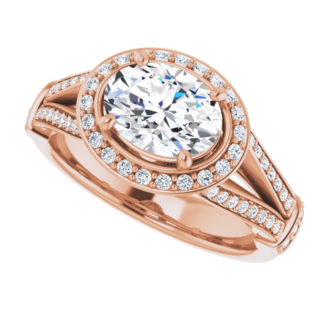 Cubic Zirconia Engagement Ring- The Cecelia (Customizable Oval Cut Horizontal Setting with Halo, Under-Halo Trellis Accents and Accented Split Band)