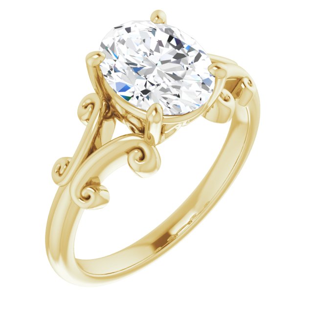 14K Yellow Gold Customizable Oval Cut Solitaire with Band Flourish and Decorative Trellis