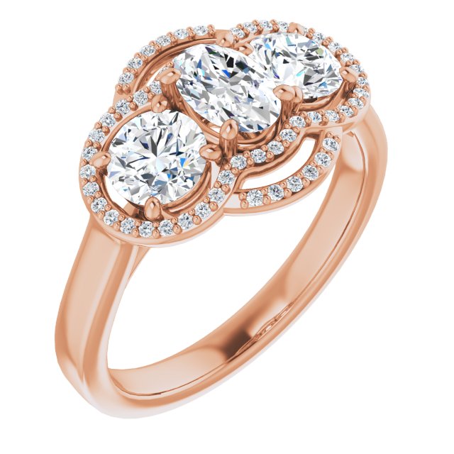 10K Rose Gold Customizable Cathedral-set Enhanced 3-stone Oval Cut Design with Multidirectional Halo