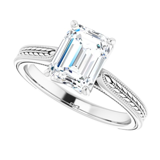 Cubic Zirconia Engagement Ring- The Dulcia (Customizable Emerald Cut Solitaire with Wheat-inspired Band)