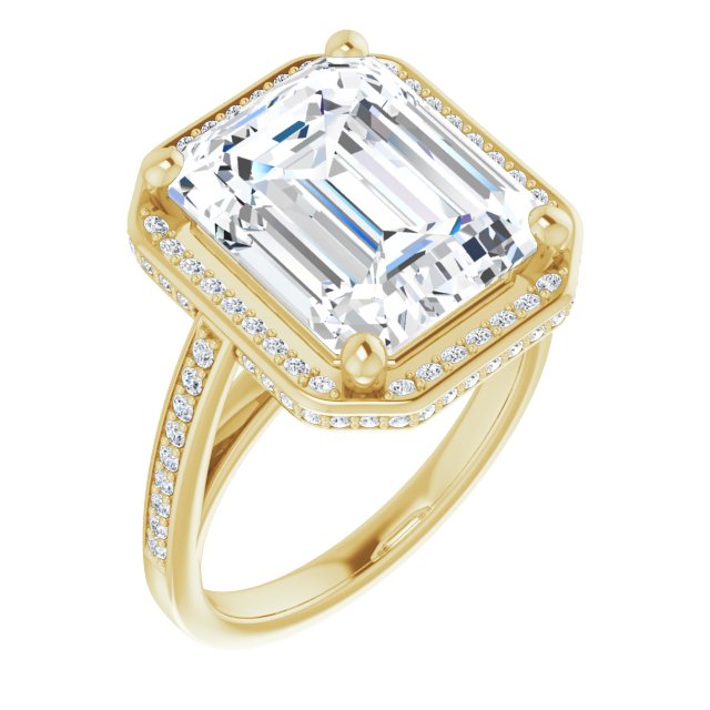 10K Yellow Gold Customizable Cathedral-Halo Emerald/Radiant Cut Design with Under-halo & Shared Prong Band