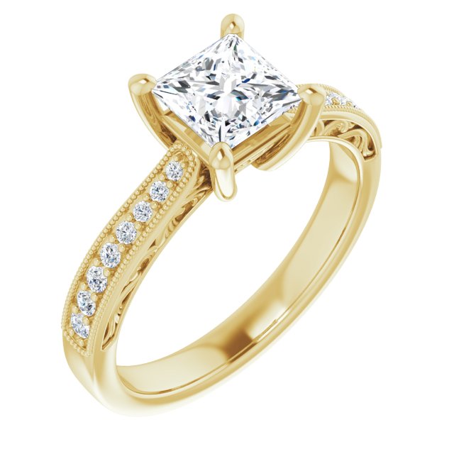 10K Yellow Gold Customizable Princess/Square Cut Design with Round Band Accents and Three-sided Filigree Engraving