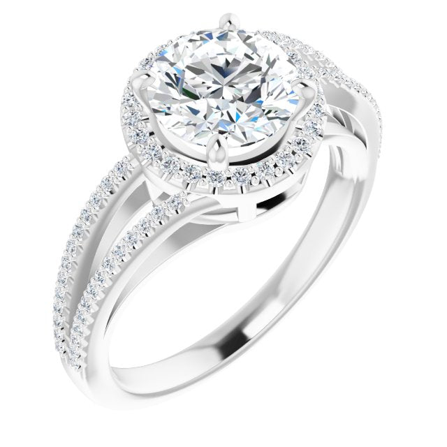 10K White Gold Customizable Round Cut Vintage Design with Halo Style and Asymmetrical Split-Pavé Band