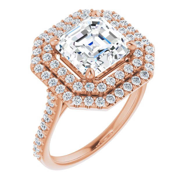10K Rose Gold Customizable Double-Halo Asscher Cut Design with Accented Split Band