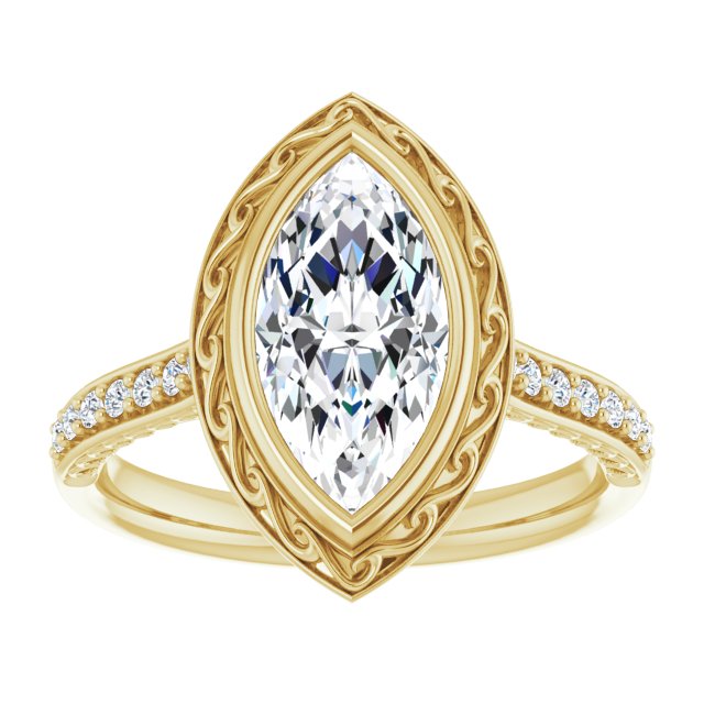 Cubic Zirconia Engagement Ring- The Itzayana (Customizable Cathedral-Bezel Marquise Cut Design featuring Accented Band with Filigree Inlay)
