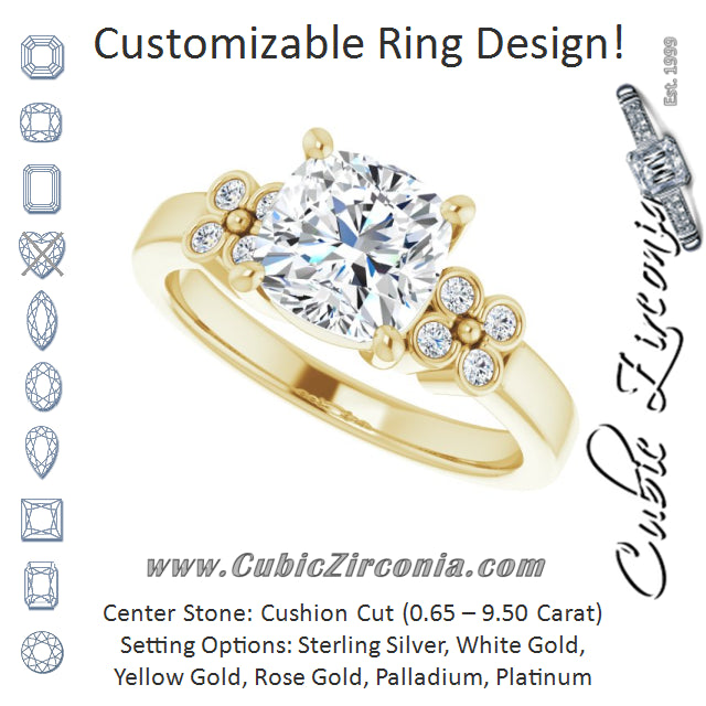 Cubic Zirconia Engagement Ring- The Heidi Grethe (Customizable 9-stone Design with Cushion Cut Center and Complementary Quad Bezel-Accent Sets)