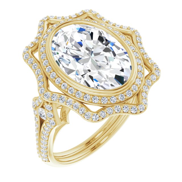 10K Yellow Gold Customizable Oval Cut Style with Ultra-wide Pavé Split-Band and Nature-Inspired Double Halo