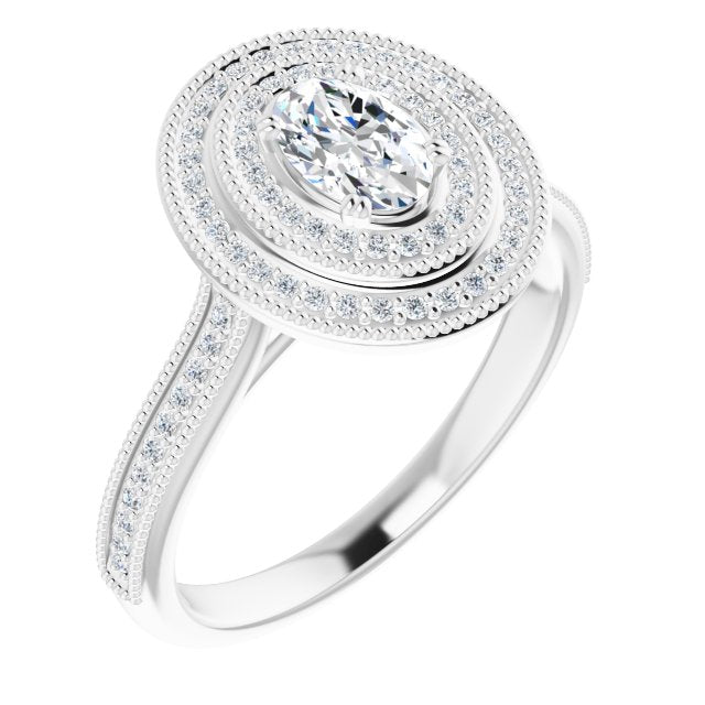 10K White Gold Customizable Oval Cut Design with Elegant Double Halo, Houndstooth Milgrain and Band-Channel Accents