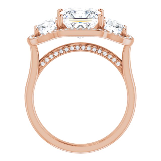 Cubic Zirconia Engagement Ring- The Aimi Namiko (Customizable 3-stone Design with Princess/Square Cut Center, Cushion Side Stones, Triple Halo and Bridge Under-halo)