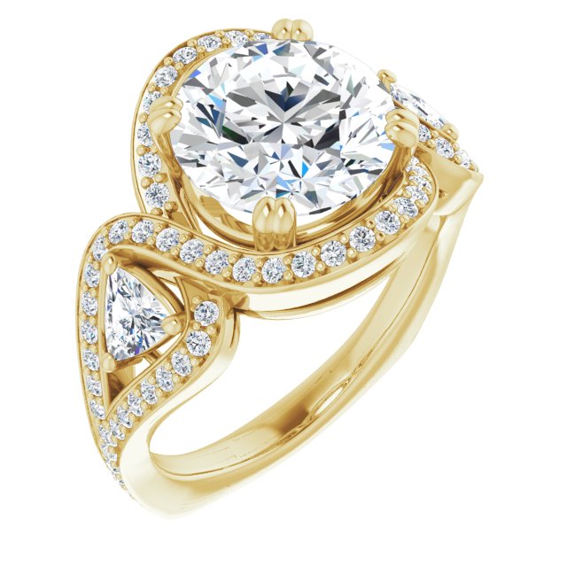 10K Yellow Gold Customizable Round Cut Center with Twin Trillion Accents, Twisting Shared Prong Split Band, and Halo