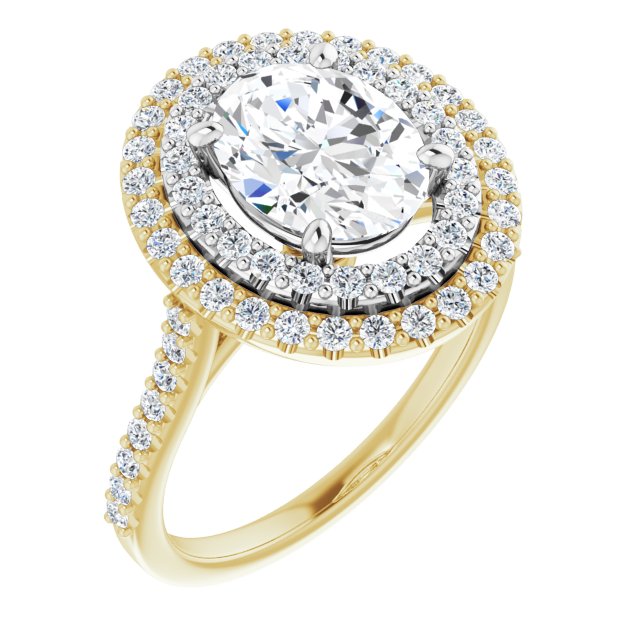 14K Yellow & White Gold Customizable Double-Halo Oval Cut Design with Accented Split Band
