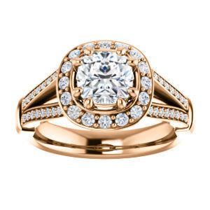 CZ Wedding Set, featuring The Shaundra engagement ring (Customizable Cushion Cut with Halo, Cathedral Prong Accents & Split-Pavé Band)