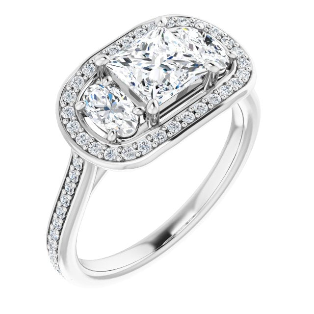 10K White Gold Customizable Princess/Square Cut Style with Oval Cut Accents, 3-stone Halo & Thin Shared Prong Band