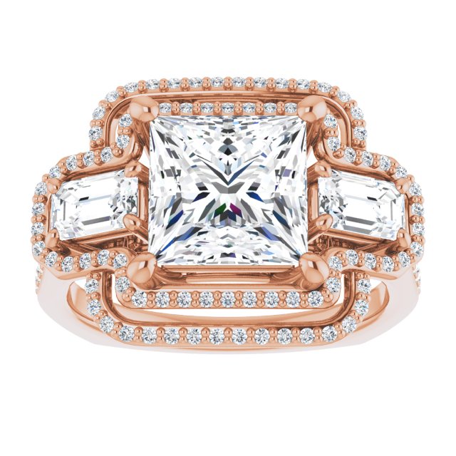 Cubic Zirconia Engagement Ring- The Fallon (Customizable Enhanced 3-stone Style with Princess/Square Cut Center, Emerald Cut Accents, Double Halo and Thin Shared Prong Band)