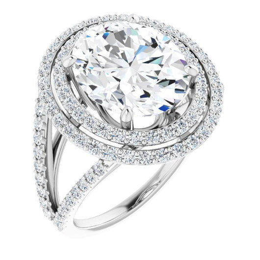 10K White Gold Customizable Oval Cut Design with Double Halo and Wide Split-Pavé Band